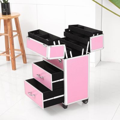DHAEY Pink Makeup Train Case with Lock & Key - Extendable Drawers, Stackable Cosmetic Organizer for Travel & Home, Durable Aluminum Alloy Frame, Adjustable Handle, Large Storage Trolley Organizer Box
