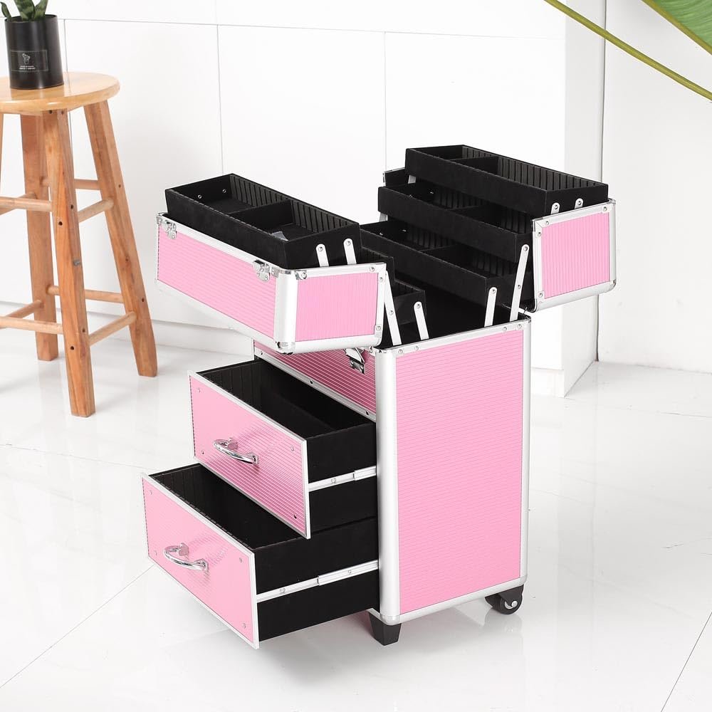 DHAEY Pink Makeup Train Case with Lock & Key - Extendable Drawers, Stackable Cosmetic Organizer for Travel & Home, Durable Aluminum Alloy Frame, Adjustable Handle, Large Storage Trolley Organizer Box