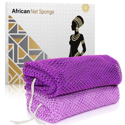 ACLMFUP Real African Net Sponge - 2 Pieces Authentic Exfoliator for Shower & Bath - Deep Cleansing Body Scrubber, Gentle Washcloth for Smooth Skin(Dark Purple & Light Purple)