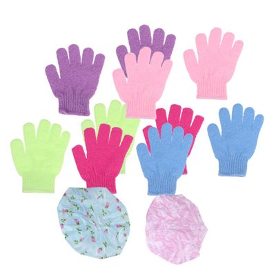 OATIPHO 1Set Assorted Color Five Fingers Shower Gloves Set with Lace Bath Caps Protective Shower Hat Kit for Smooth Skin and Hair Protection During Bathing