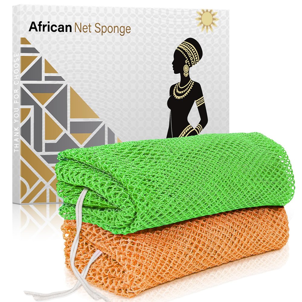 ACLMFUP Real African Net Sponge 2 Pieces Extra Long Exfoliating Back Scrubber, Gentle Yet Effective for Dead Skin Removal & Improved CirculationOrange & Green