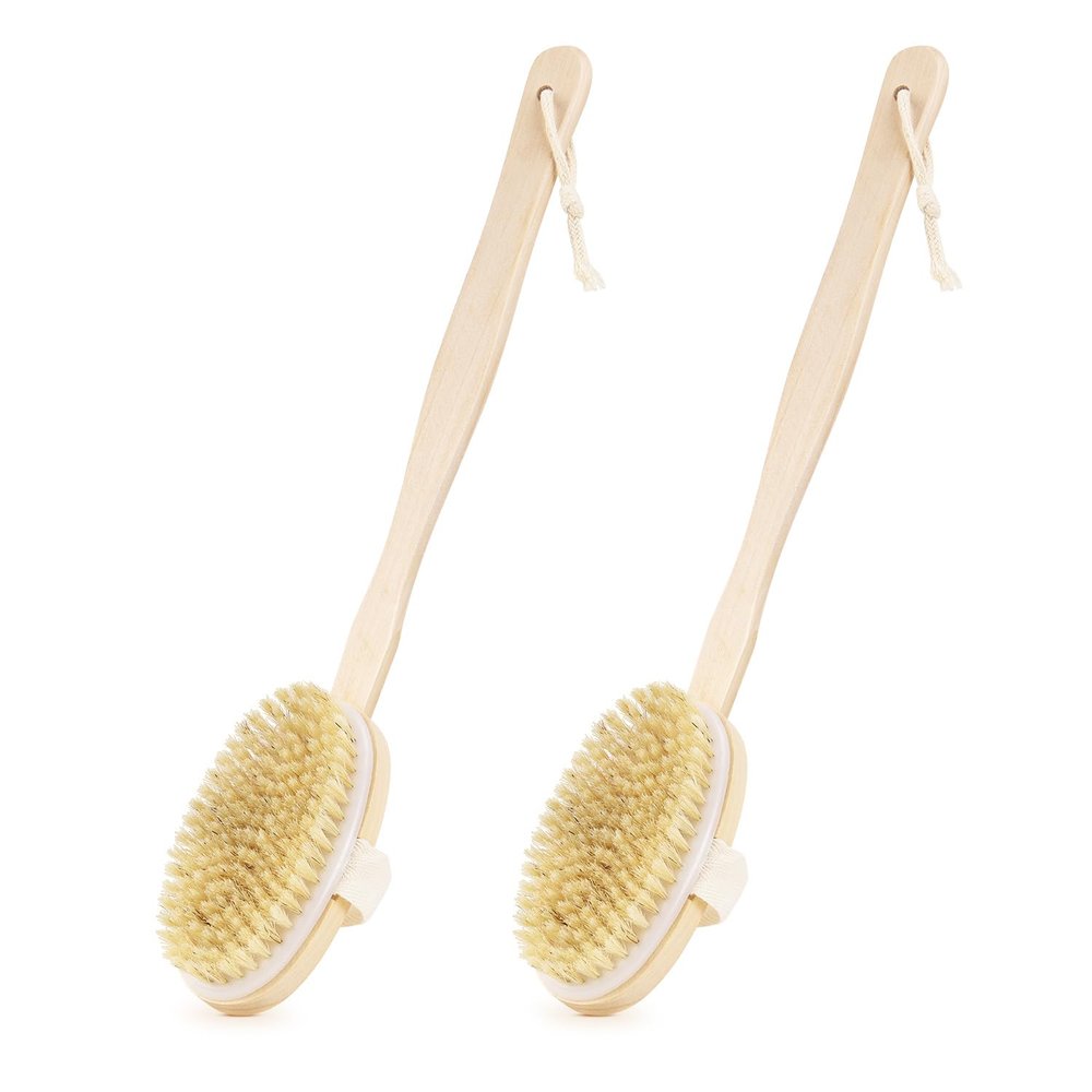 2 Pack Detachable Bath Bristle Brush, Wood Long Handle Dry Brushing Body Brush for Shower