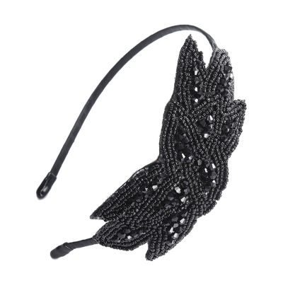 Women Beaded Flapper Headband Leaf Vintage 1920s Inspired Hairband Black Side Flower Hair Band Girls Hair Accessories(3)