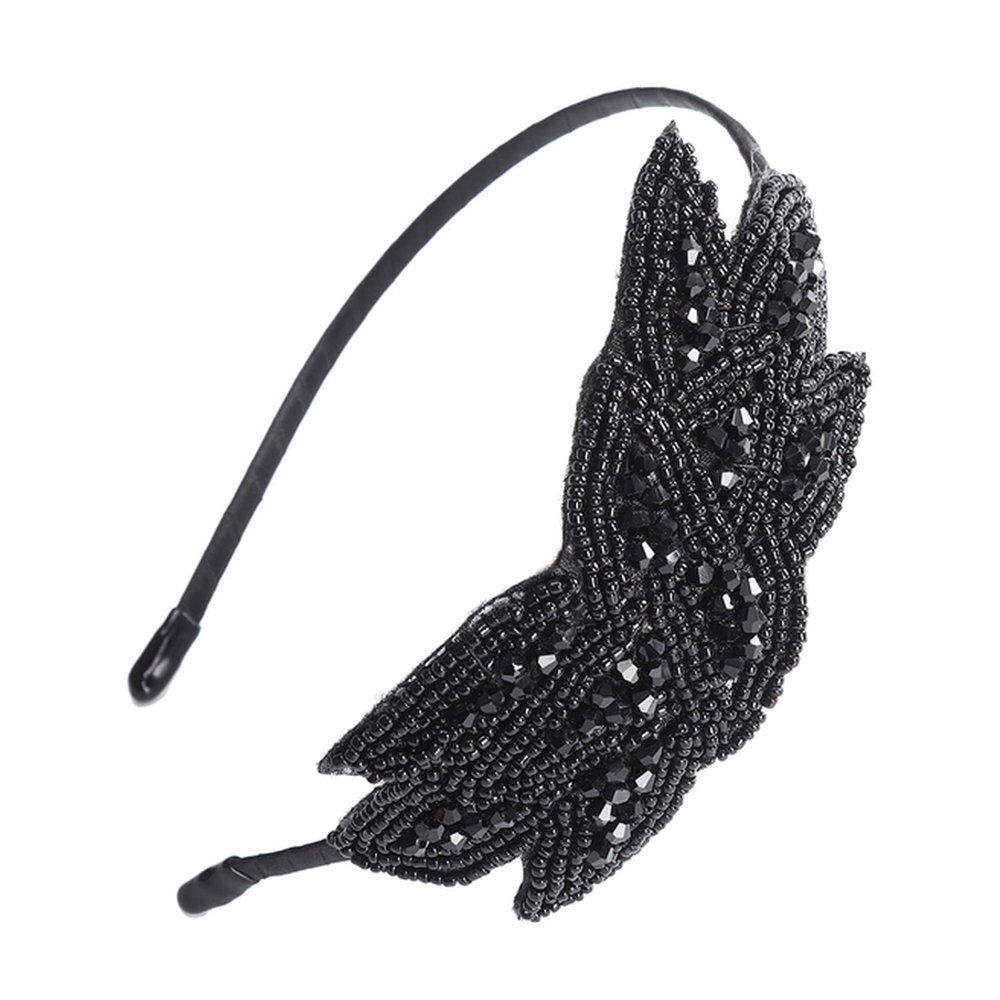 Women Beaded Flapper Headband Leaf Vintage 1920s Inspired Hairband Black Side Flower Hair Band Girls Hair Accessories(3)