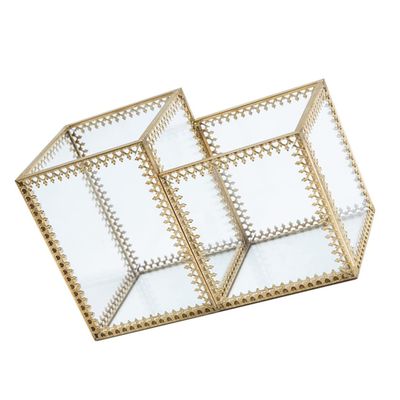 PartyKindom Makeup Brush Storage Bucket Lace Design Glass Brush Holder for Desktop Dual Compartment Jewelry Display Case and Stationery Organizer