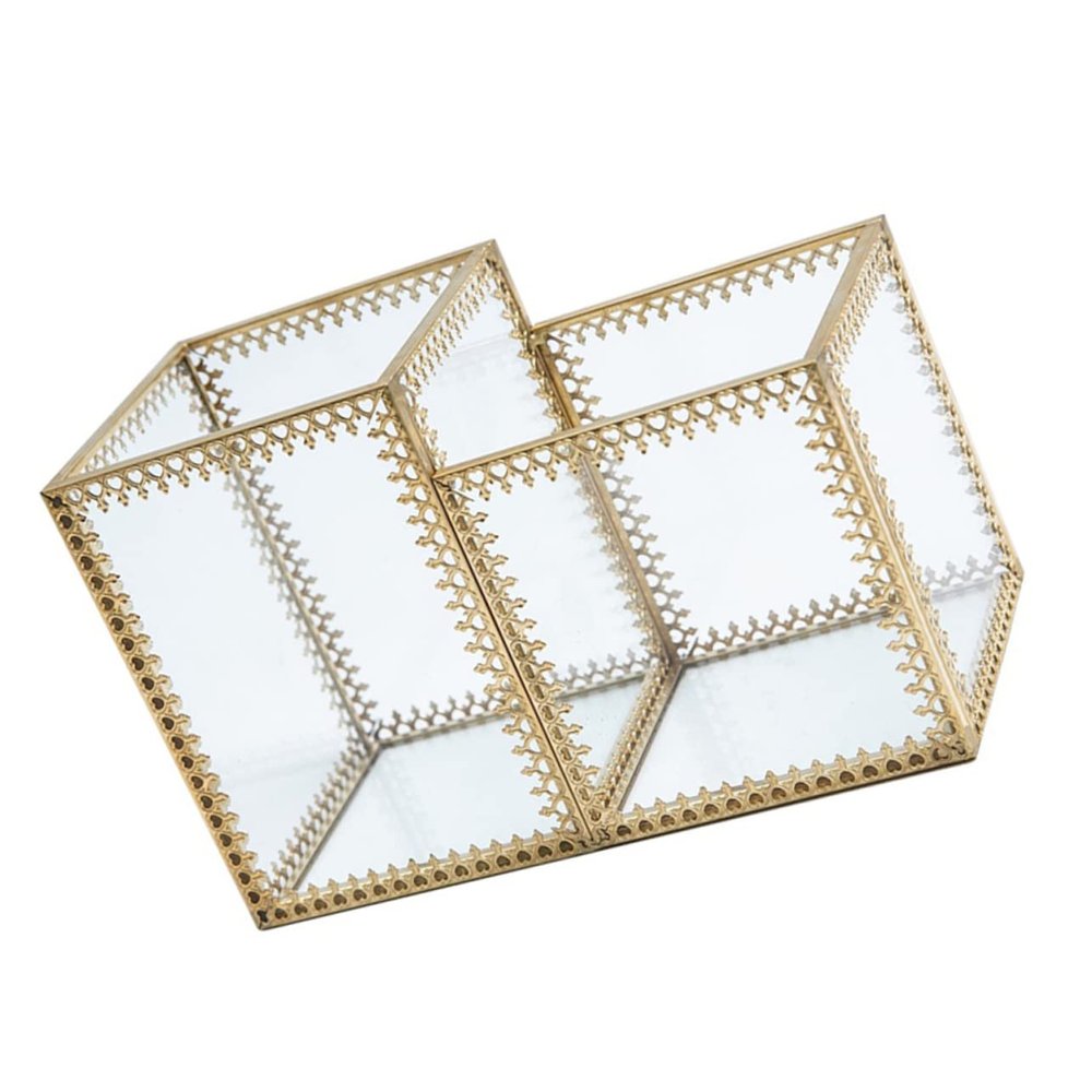 PartyKindom Makeup Brush Storage Bucket Lace Design Glass Brush Holder for Desktop Dual Compartment Jewelry Display Case and Stationery Organizer