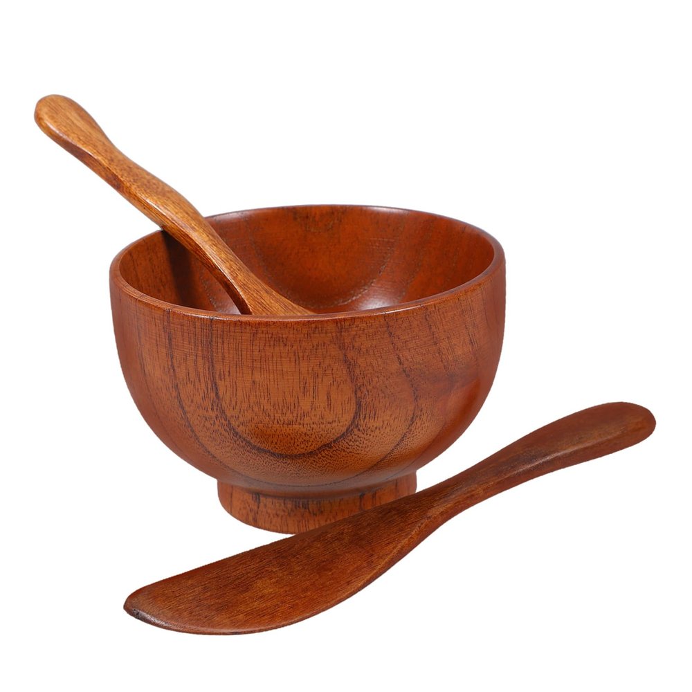 DEARMAMY 3-Piece Wooden Facial Mask Mixing Bowl Set with Spatula and Spoon Natural Skincare Accessories for DIY Face Masks and Home Salon Use