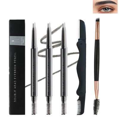 3 Pcs Waterproof Eyebrow Pencil Set,Gray Ultra Slim Eye Brow Pencil for Women with Brows Brush&Razor,Professional Brow Micro Retractable Long Lasting Gel Pen Shaping&Filling Brows Makeup - 02