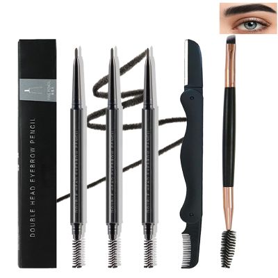 3 Pcs Waterproof Eyebrow Pencil Set, Black Ultra Slim Eye Brow Pencil for Women with Brows Brush&Razor,Professional Brow Micro Retractable Long Lasting Gel Pen for Shaping&Filling Brows Makeup - 01