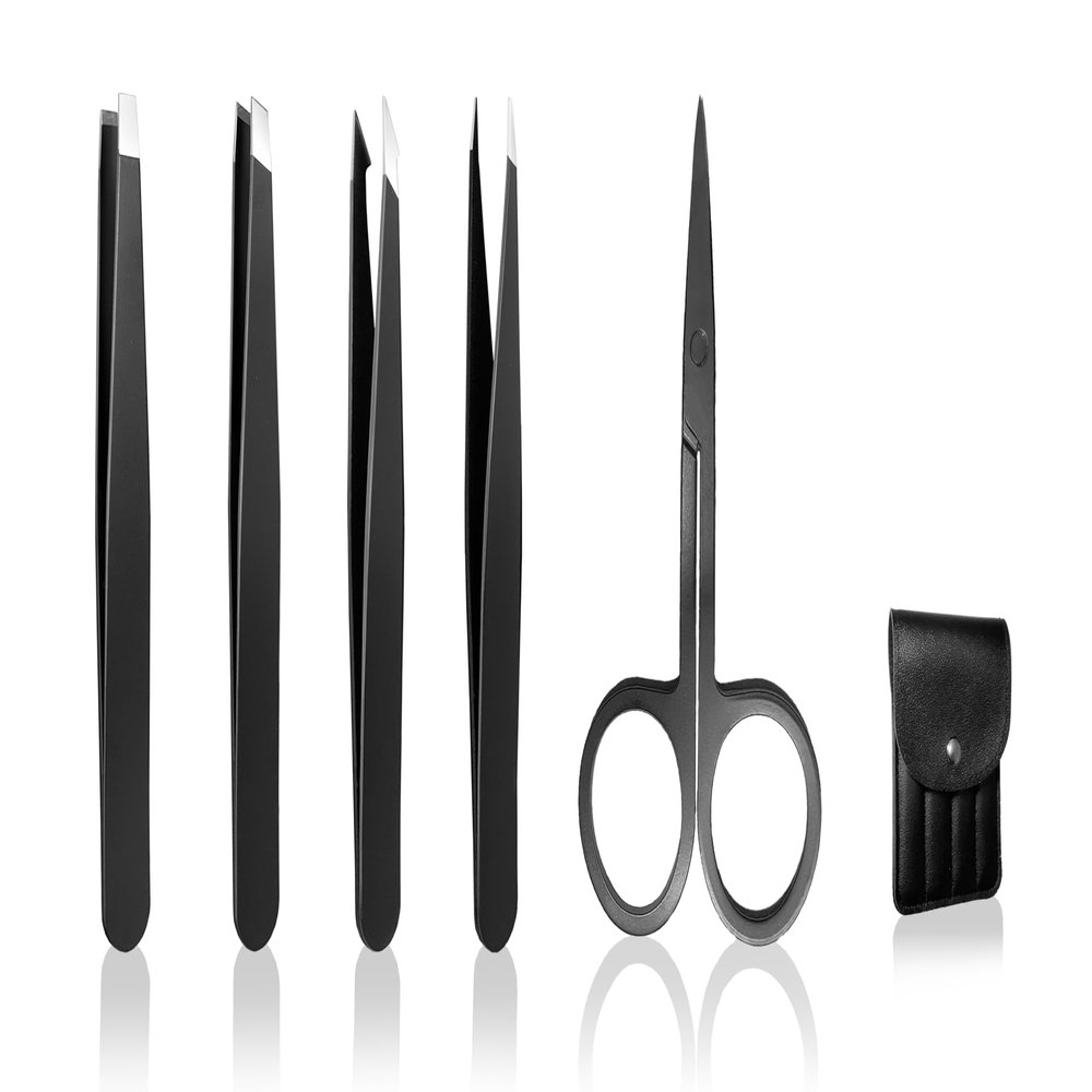 5Pcs Facial Tweezers Set, Professional Stainless Steel Tweezers for Eyebrows,Remove Ingrown Hair Tweezers and Broken Hair,Leather Case Storage for Traveling