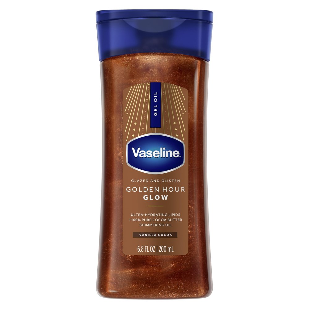 Vaseline Glazed and Glisten Golden Hour Body Gel Oil Glow Vanilla Cocoa Shimmering with Ultra-Hydrating Lipids and 100% Pure Cocoa Butter, 6.8 Oz