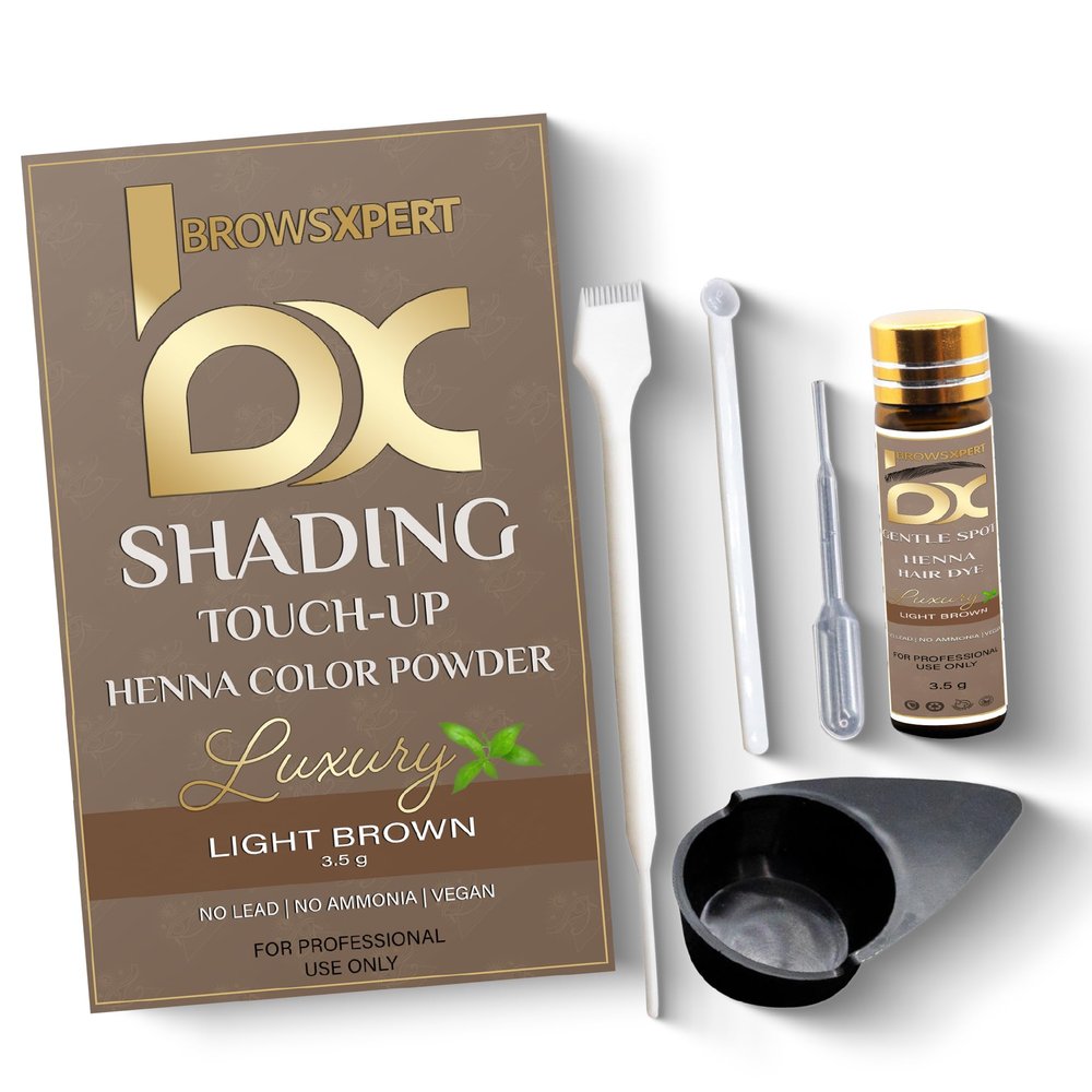 BROWSXPERT Professional Shading Touch-Up Kit  Herbal Henna Color Powder with Mixing Dish, Stir & Brush + Follow Instructions | 3.5g | Light Brown