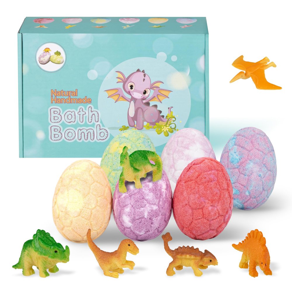 AGUDAN Dino Egg Bath Bombs(4.23oz) for Kids with Surprise Dinosaur Toy 6 Pack Organic & Natural Bath Fizz, Relaxing Spa Set, Birthday & Christmas Gift for Boys & Girls
