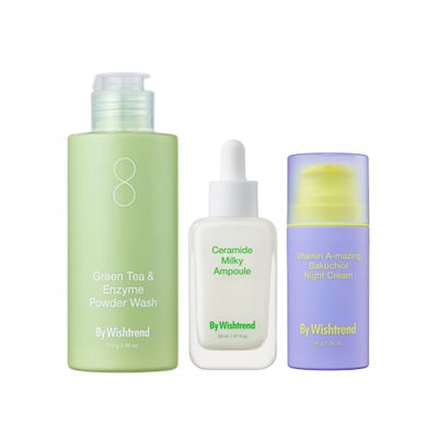 BY WISHTREND Night Routine Skincare Set for sensitive skin, exfoliator greentea enzyme powder wash, ceramide milky ampoule, vitamin amazing bakuchiol night cream with best sellers