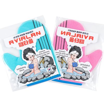 Exfoliating Glove Korean Skin Care Body wash loofah face Lip Body Scrub Dry Brushing Body Brush Foot Back Scrubber scrubbing Bathing Sponge Black Head Remover Gloves (Pink&SkyBlue 2pack)