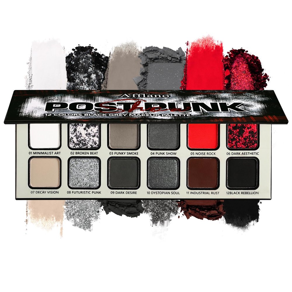 Black Grey Red Eyeshadow Palette Goth Makeup, Cold Silver Smokey Eye Shadow Compact Metallic & Matte Finishes Pigmented Burgundy Brown Cream Eyeshadow for Smokey Punk Bold Dark Vampire Gothic Clown