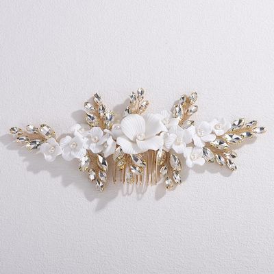 Rumtock White Petal Gold Headpiece for Women Wedding Bridal Hair Comb with Rhinestones Special Occasion Handmade Hair Jewelry (Gold)