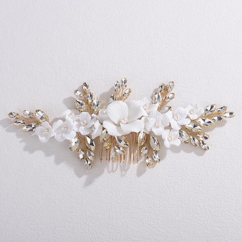 Rumtock White Petal Gold Headpiece for Women Wedding Bridal Hair Comb with Rhinestones Special Occasion Handmade Hair Jewelry (Gold)