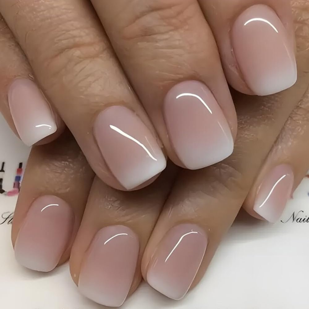 24Pcs Gowabory Nail Press ons, Short Square Press on Nails Girls Fake Nails with Pink White Gradient Simple style Design, Artificial False Nails Press On Stick On Nails for Women
