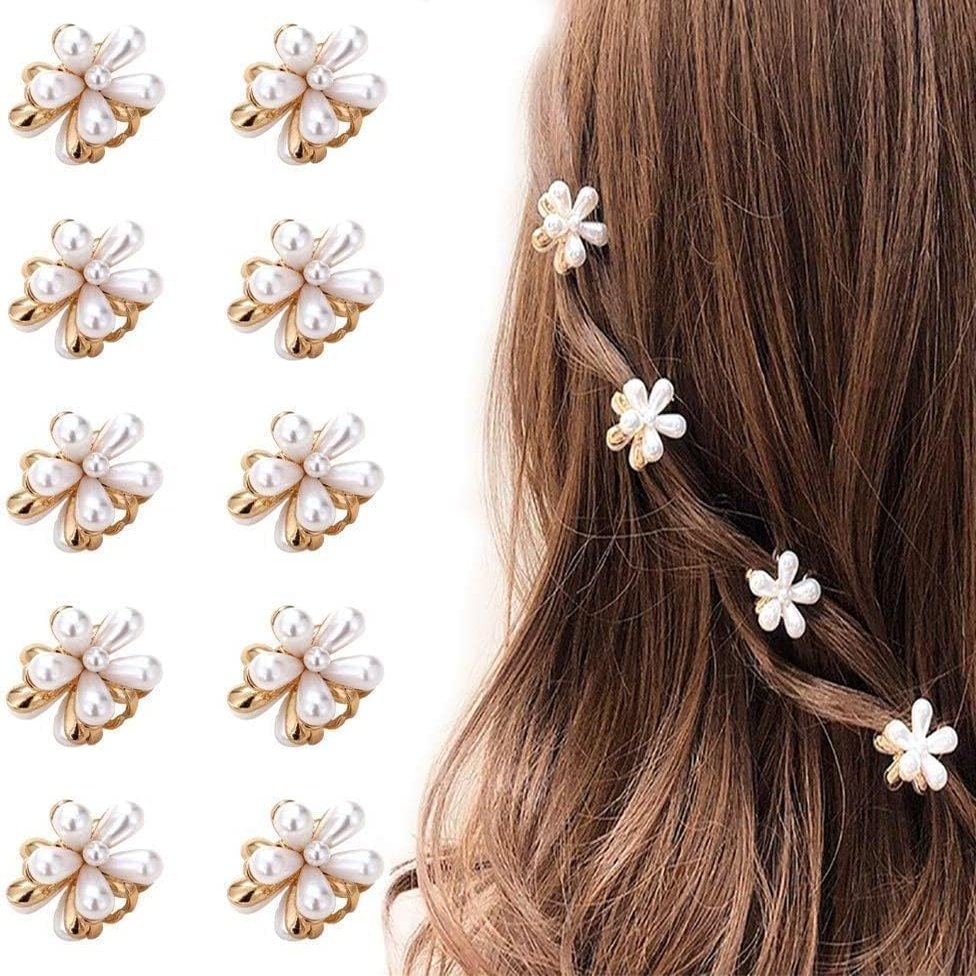 10 Pcs White Pearl Mini Claw Metal Clips Flower Design Small Clutcher Barrettes Hair Accessories for Women and Girls