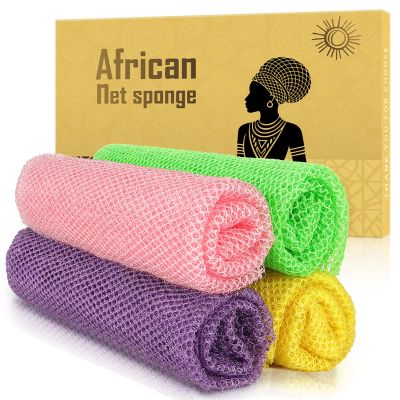 ACLMFUP African Net Sponge Authentic - 2 Pieces Body Scrubber for Smooth Skin | Gentle Exfoliation, All Skin Types (Yellow, Pink, Purple, Green)