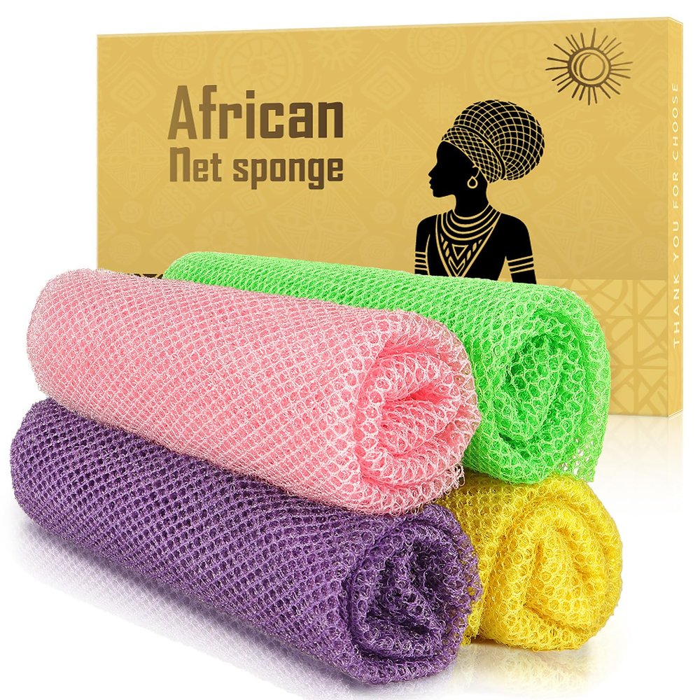 ACLMFUP African Net Sponge Authentic - 2 Pieces Body Scrubber for Smooth Skin | Gentle Exfoliation, All Skin Types (Yellow, Pink, Purple, Green)