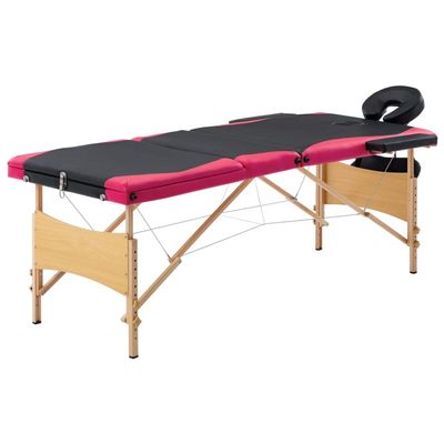 Folding Massage Table 3 Zones for Spa Salon & Home Use, Portable Black Wood Therapy Bed with Adjustable Headrest, Professional Beauty Supplies in Black & Pink