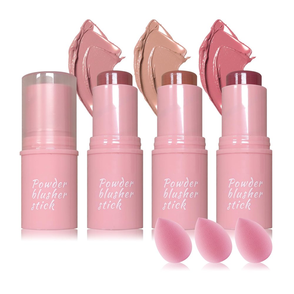 3PCS Blush Stick for Cheeks,Multi-use Solid Matte Makeup Stick Blush Cream for Cheek Eyes and Lips Tint,Moisturizing Tinted Cream Blush,Natural Blendable Cheek Blusher with 3 Makeup Sponges A2