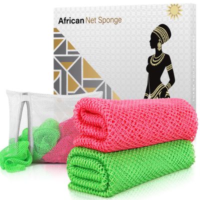 ACLMFUP Real African Net Sponge - 2 Pieces Authentic Exfoliating Body Scrubber - Gentle for All Skin Types, Durable & Easy Rinse (Rose Red & Green)