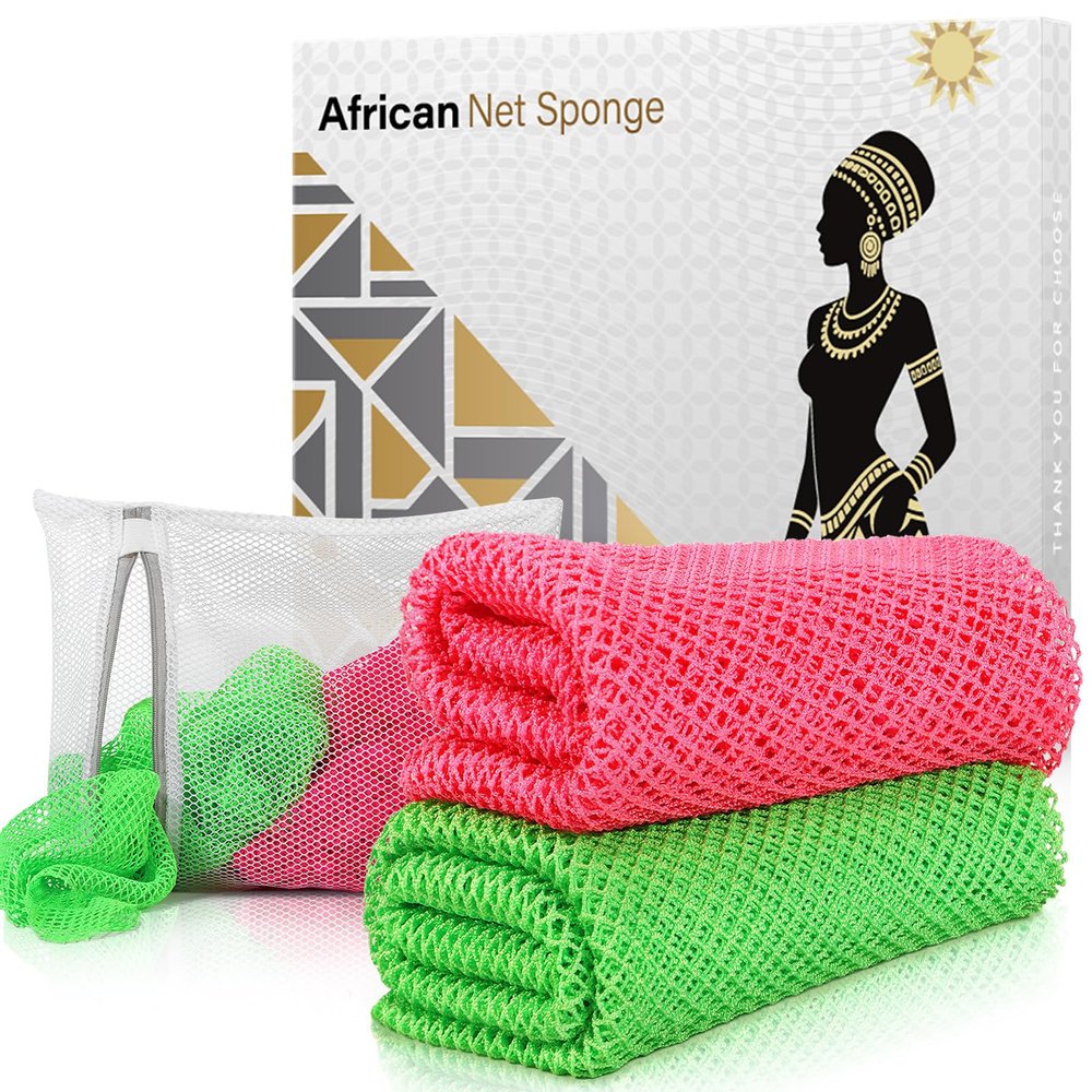 ACLMFUP Real African Net Sponge - 2 Pieces Authentic Exfoliating Body Scrubber - Gentle for All Skin Types, Durable & Easy Rinse (Rose Red & Green)