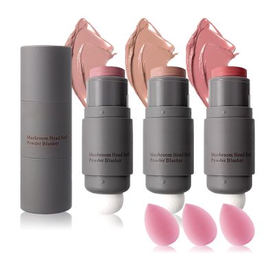 3PCS Blush Stick for Cheeks,Multi-use Solid Matte Makeup Stick Blush Cream for Cheek Eyes and Lips Tint,Moisturizing Tinted Cream Blush,Natural Blendable Cheek Blusher with 3 Makeup Sponges A3