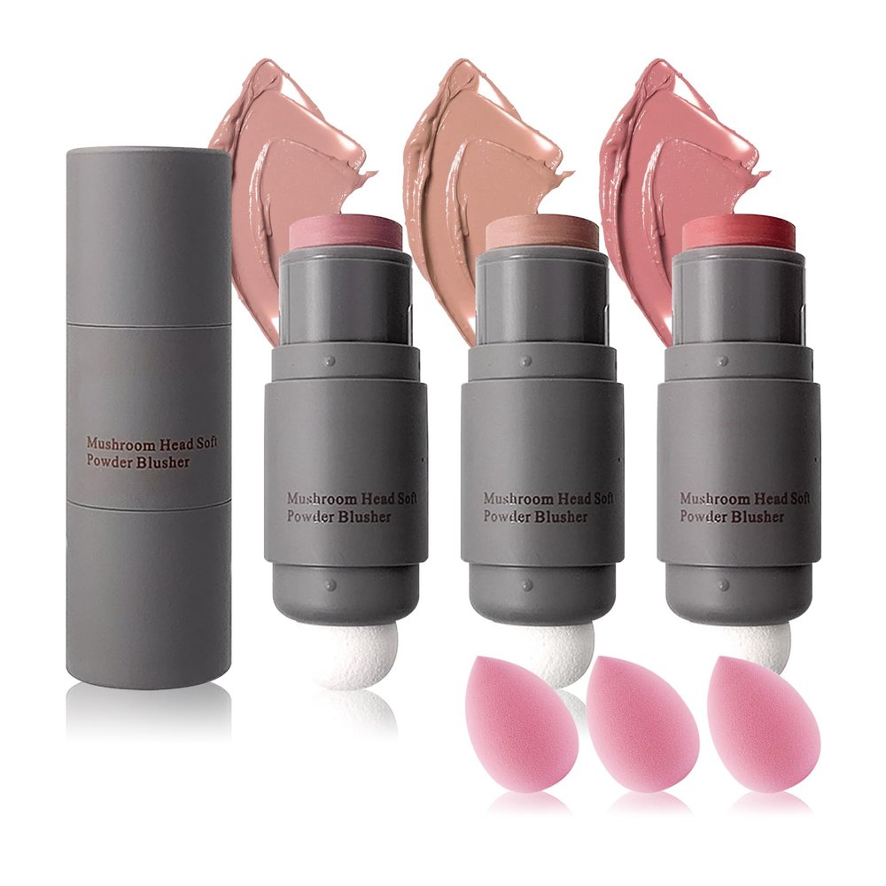 3PCS Blush Stick for Cheeks,Multi-use Solid Matte Makeup Stick Blush Cream for Cheek Eyes and Lips Tint,Moisturizing Tinted Cream Blush,Natural Blendable Cheek Blusher with 3 Makeup Sponges A3