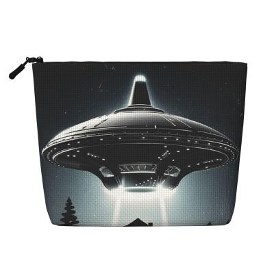 GDSHJKLW Linen Makeup Bag For Women, Waterproof Travel Cosmetic Organizer Lightweight Zipper Travel Toiletry Bag Organizer Alien Spaceship Ufo Makeup Brushes Storage Bag