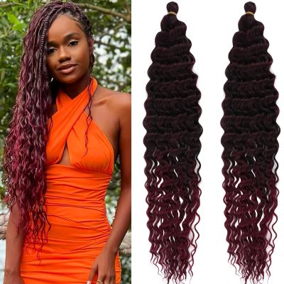 Deep Wave Crochet Hair Water Wave Curly Braiding Hair for Boho Crochet Braids 24 Inch Ocean Wave Crochet Hair Curly for Black Women 2 Packs Synthetic 1b Burgundy Wavy Braiding Hair Extensions