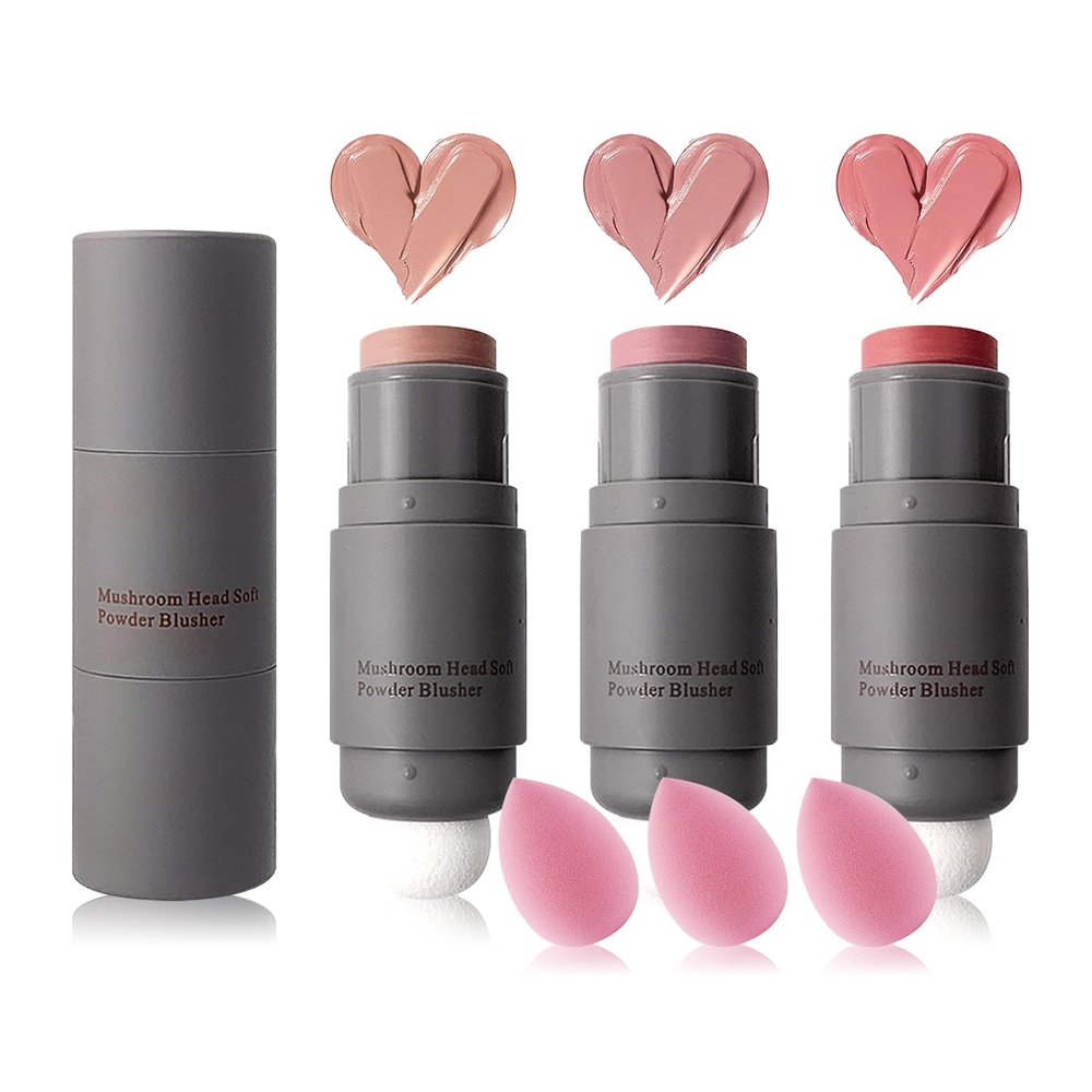3 Colors Blush Stick with Makeup Sponges,Matte Solid Cream Blush,Multi-Use Blush Stick for Cheeks,Lips and Eye,High Pigmented Makeup Sticks Set A3