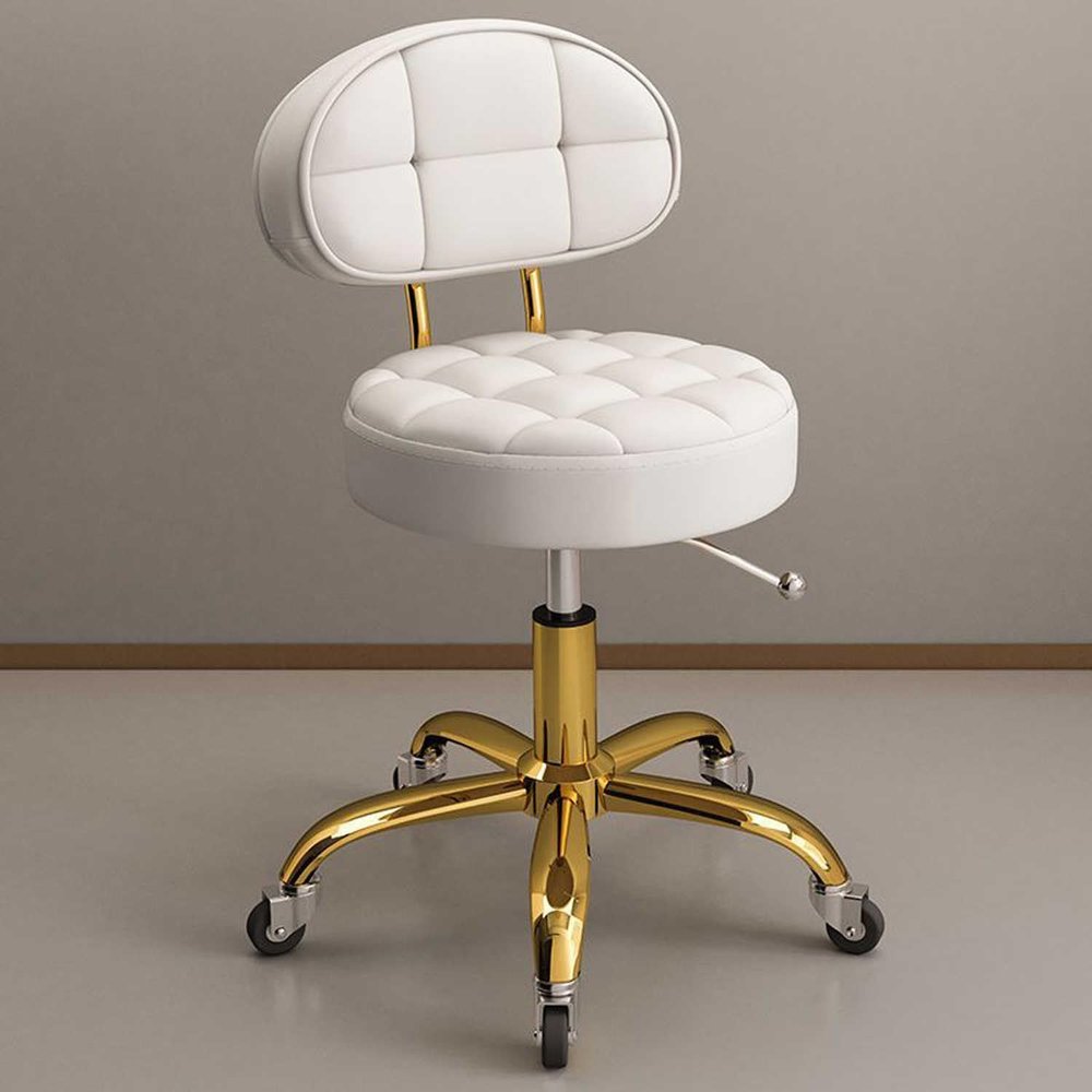 Adjustable Metal Titanium Gold Rolling Stool - Beauty Salon Round Swivel Chair, Work with Wheels and 5 Claw Base White