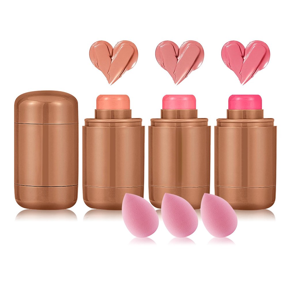 3 Colors Blush Stick with Makeup Sponges,Matte Solid Cream Blush,Multi-Use Blush Stick for Cheeks,Lips and Eye,High Pigmented Makeup Sticks Set A1