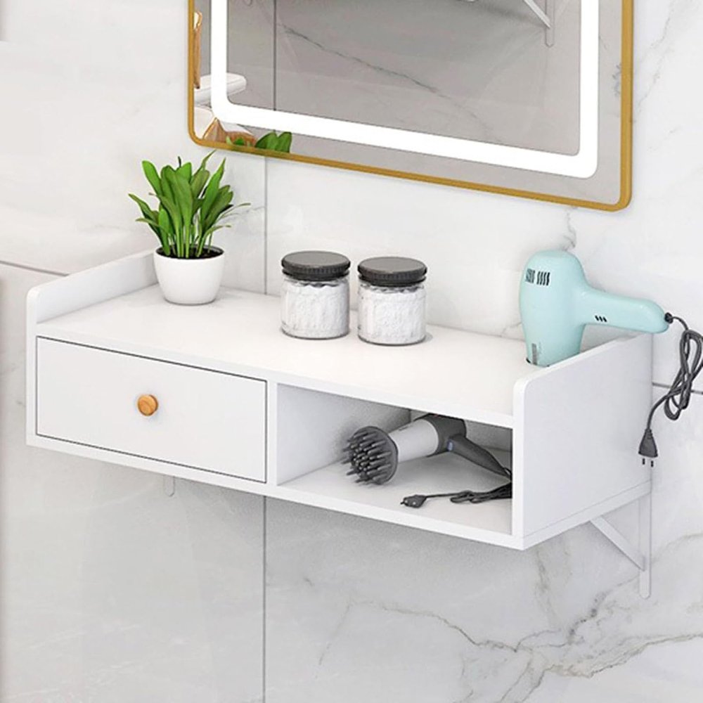 Wall Mounted Table, Wall Mount Salon Station Beauty Salon Stations Table with Drawer, Bathroom Organizer with Hair Dryer Holes,for Beauty Salon or SPA, Barber Shop, Home & Bathroom(White Marble Patter