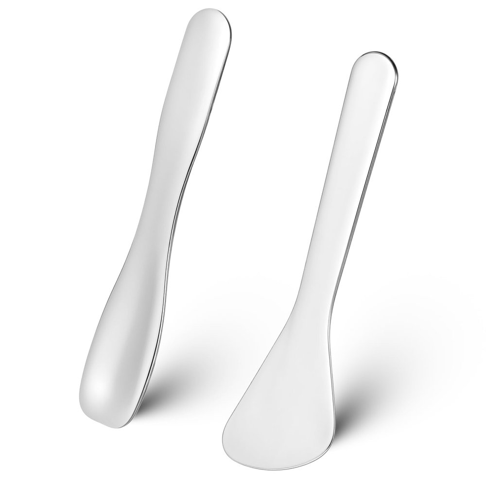2Pcs Cosmetic Spatula, Mini Metal Makeup Spatula Reusable Cosmetic Cream Spatulas Spoon Skincare Scoop Applicator Multi-functional Facial Applicator Tool for Mixing and Sampling Face Eye Cream, Silver