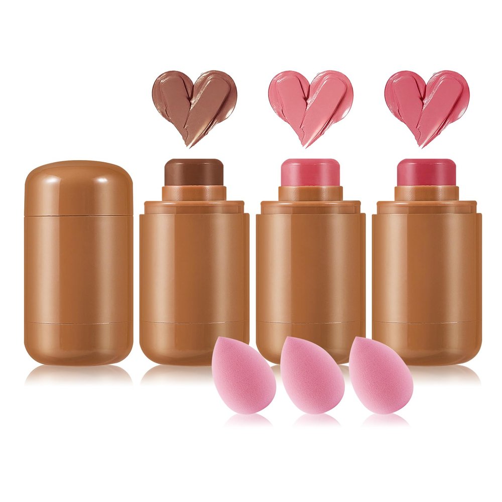 3 Colors Blush Stick with Makeup Sponges,Matte Solid Cream Blush,Multi-Use Blush Stick for Cheeks,Lips and Eye,High Pigmented Makeup Sticks Set A4