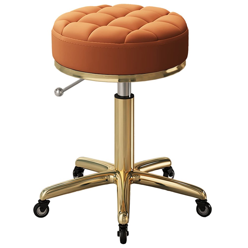 Adjustable Rolling Stool Round Swivel Chair with Wheels, Metal Titanium Gold 5 Claws, Home Work Makeup Salon Spa (Orange)