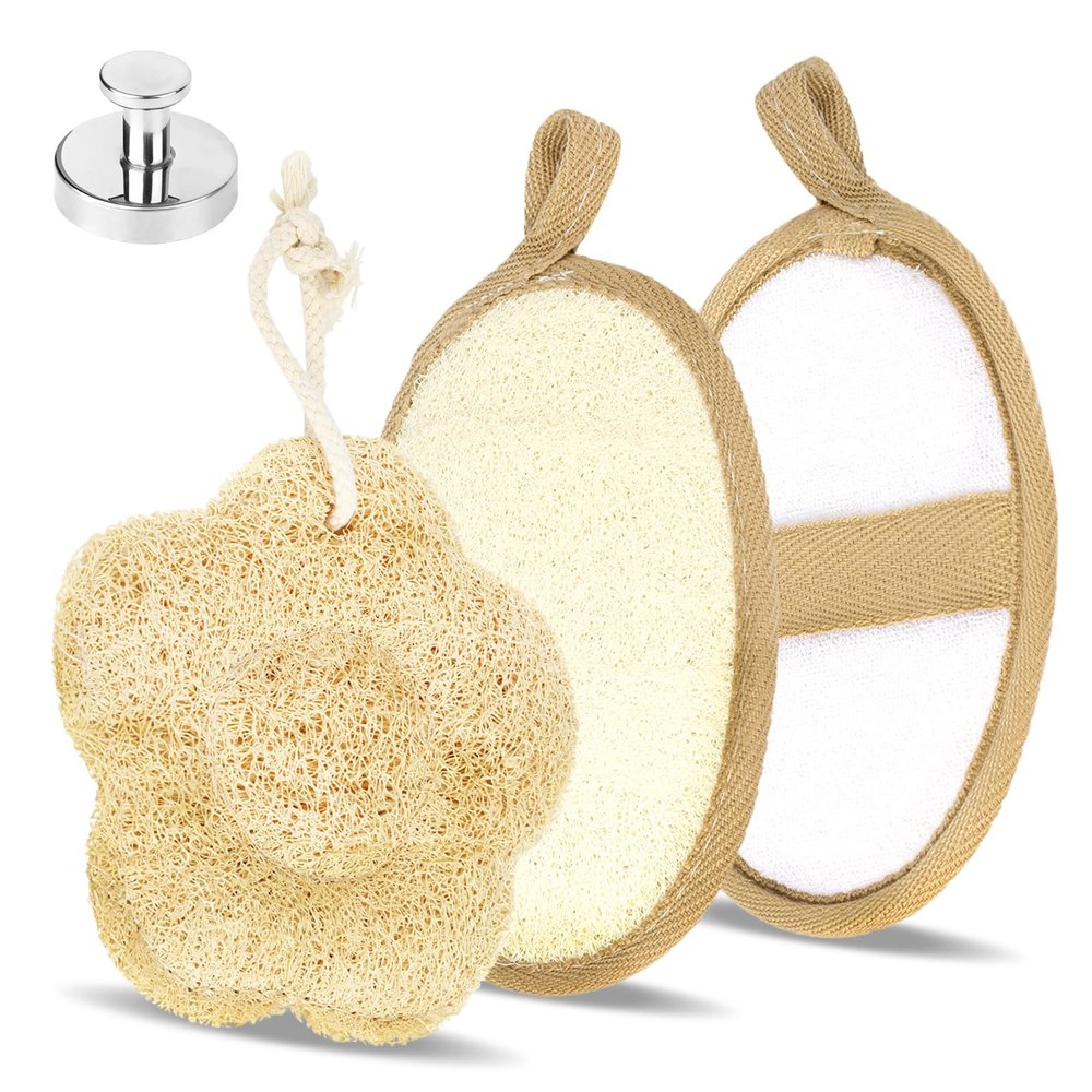 3 Pcs Egyptian Exfoliating Loofah Pad Body Scrubber Travel Size Loofah for Women Shower Loofah Spong with a Hook Natural Exfoliating Quick-Drying Designed for Travel Convenient to Pack and Carry