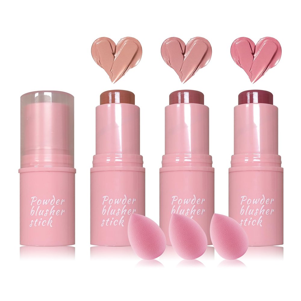 3 Colors Blush Stick with Makeup Sponges,Matte Solid Cream Blush,Multi-Use Blush Stick for Cheeks,Lips and Eye,High Pigmented Makeup Sticks Set A2