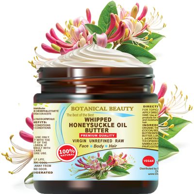 Botanical Beauty Whipped HONEYSUCKLE OIL BUTTER 100% Natural Pure RAW Cocoa Butter Shea Nut Butter Honeysuckle Essential Oil Virgin Unrefined Cold Pressed for FACE SKIN BODY (4 Fl Oz (Pack of 1))