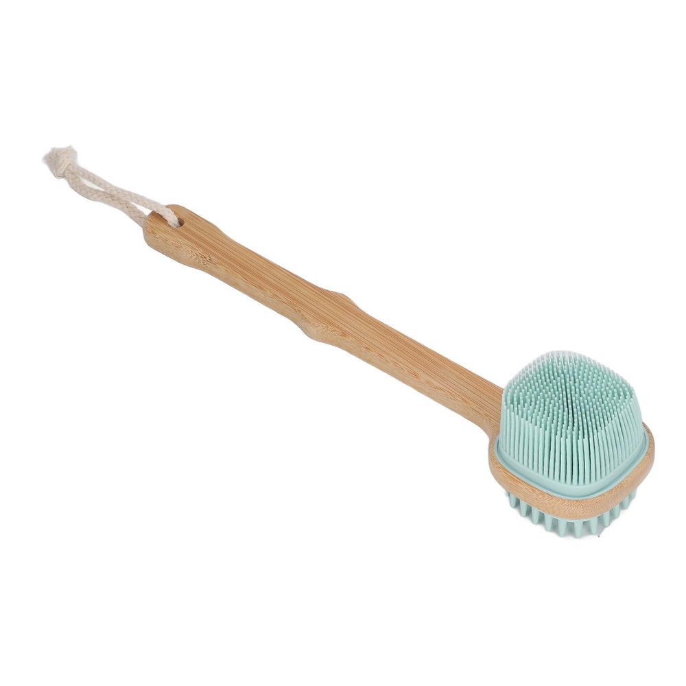 Bamboo Long Handle Silicone Massage Bath Brush with Lanyard for Back, Shoulder, Waist Cleaning