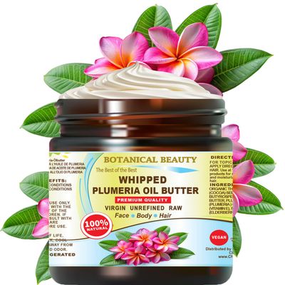 Botanical Beauty Whipped PLUMERIA OIL BUTTER 100% Natural Pure RAW. Cocoa Butter, Shea Nut Butter, Plumeria Oil Virgin Unrefined Cold Pressed for FACE, SKIN, BODY, HAIR, NAILS. (16 Fl Oz 480 ml)