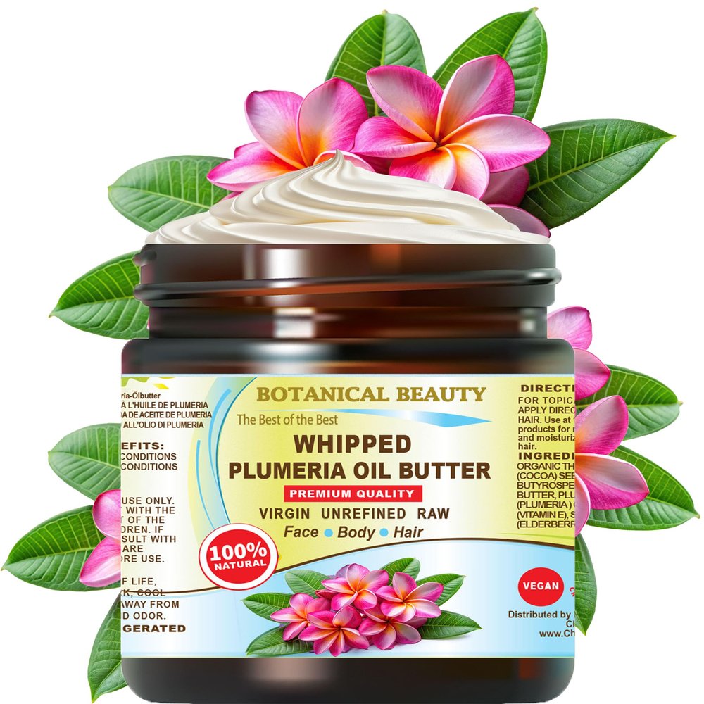 Botanical Beauty Whipped PLUMERIA OIL BUTTER 100% Natural Pure RAW. Cocoa Butter, Shea Nut Butter, Plumeria Oil Virgin Unrefined Cold Pressed for FACE, SKIN, BODY, HAIR, NAILS. (16 Fl Oz 480 ml)