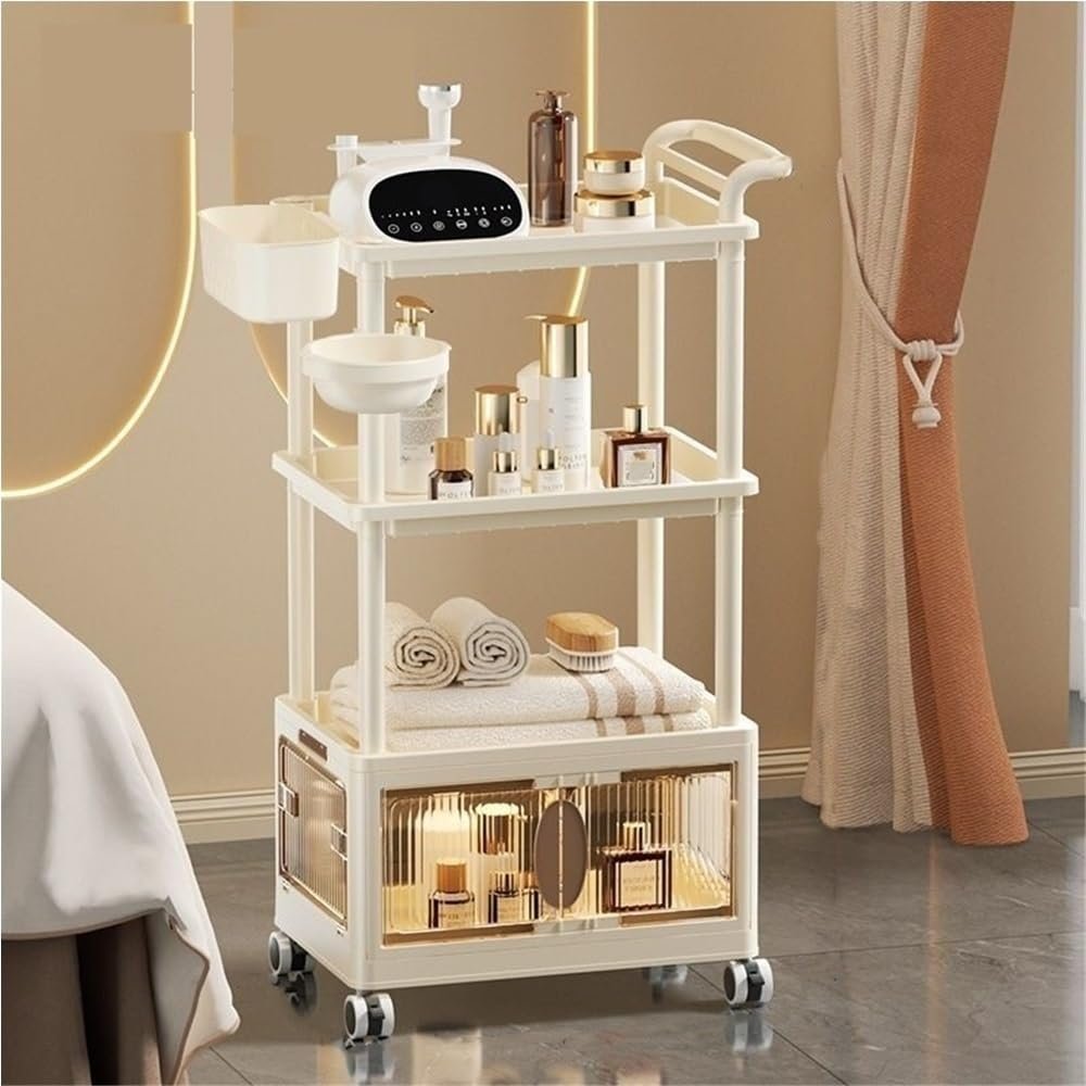 Ejmpsgw Rolling Beautician Cart, Cosmetic Storage Cart with Wheels, Salon Cart with Hanging Basket and Cleansing Basin for Home, Salon, Beauty Salon(40.9in)