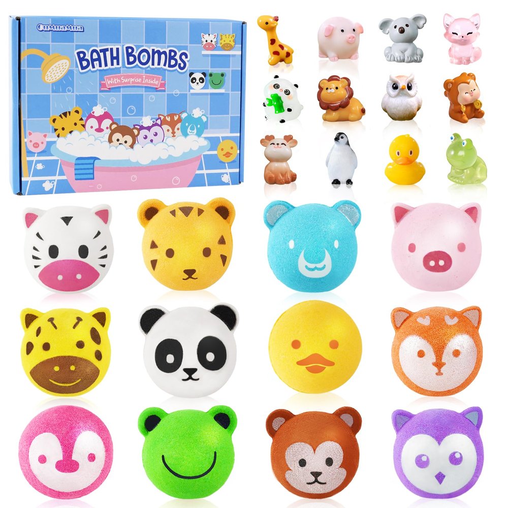 Bath Bombs for Kids with Surprise Toys Inside, 12 Pcs Bubble Bath Fizzy Balls with 12 Animal Shapes, Natural Bath Bombs Valentine's Day Easter Children's Day Gift Set for Kids Girls Boys Toddlers