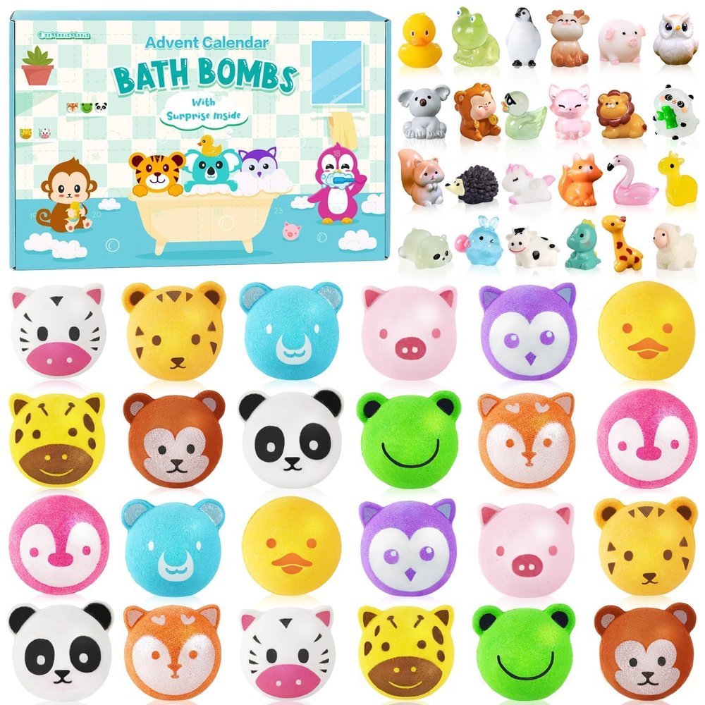 Christmas Advent Calendar 2025 Kids Bath Bombs with Surprise Toys Inside, 24 Days of Christmas Countdown Calendar Bath Bombs with Animal Toys Birthday Valentine's Day Xmas Gift for Children Boys Girls
